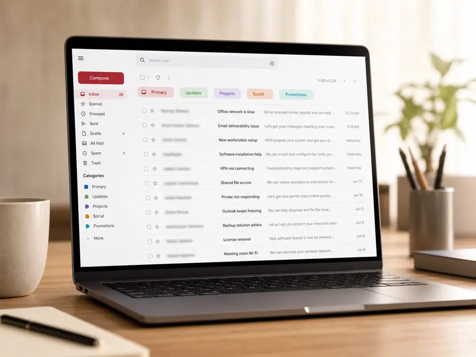 Laptop showing an email inbox interface