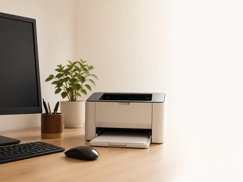 Printer beside a desktop monitor, keyboard, and mouse