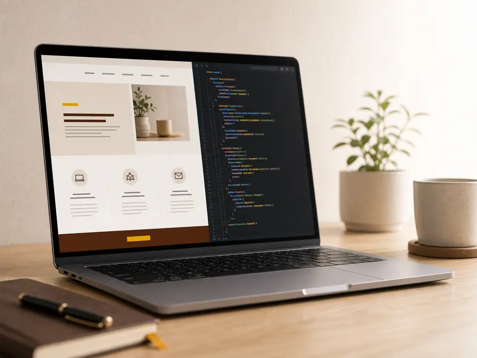 Laptop showing a business website layout and code editor
